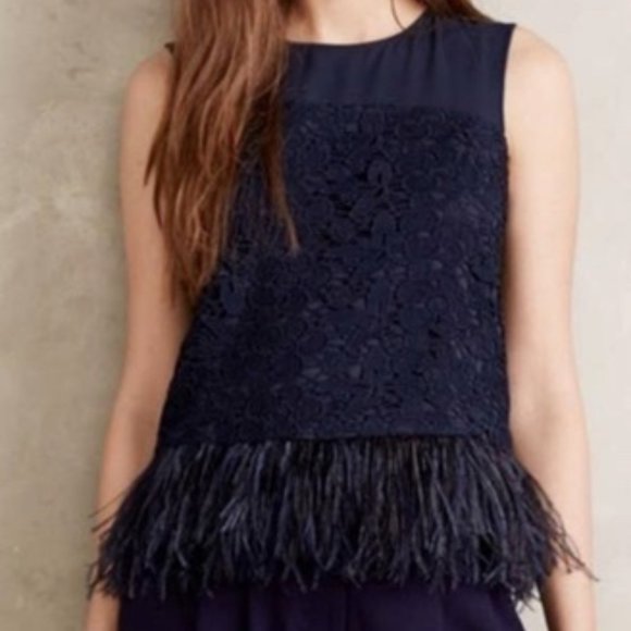Anthropologie Tops - Greylin Navy Ostrich Feather Trim Top from Anthropologie